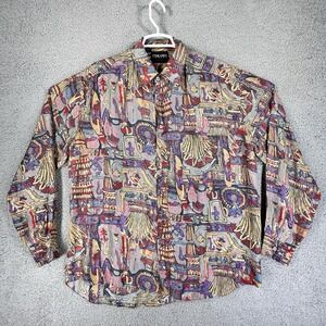 VTG 80's Colore Italia Blue Silk Button Up Long Sleeve Shirt Geometric M Silk
